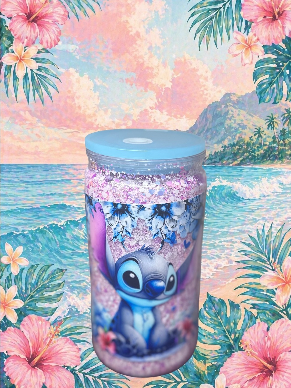 Blue Stitch Themed Insulated Water Bottle - Pink Glitter Accent